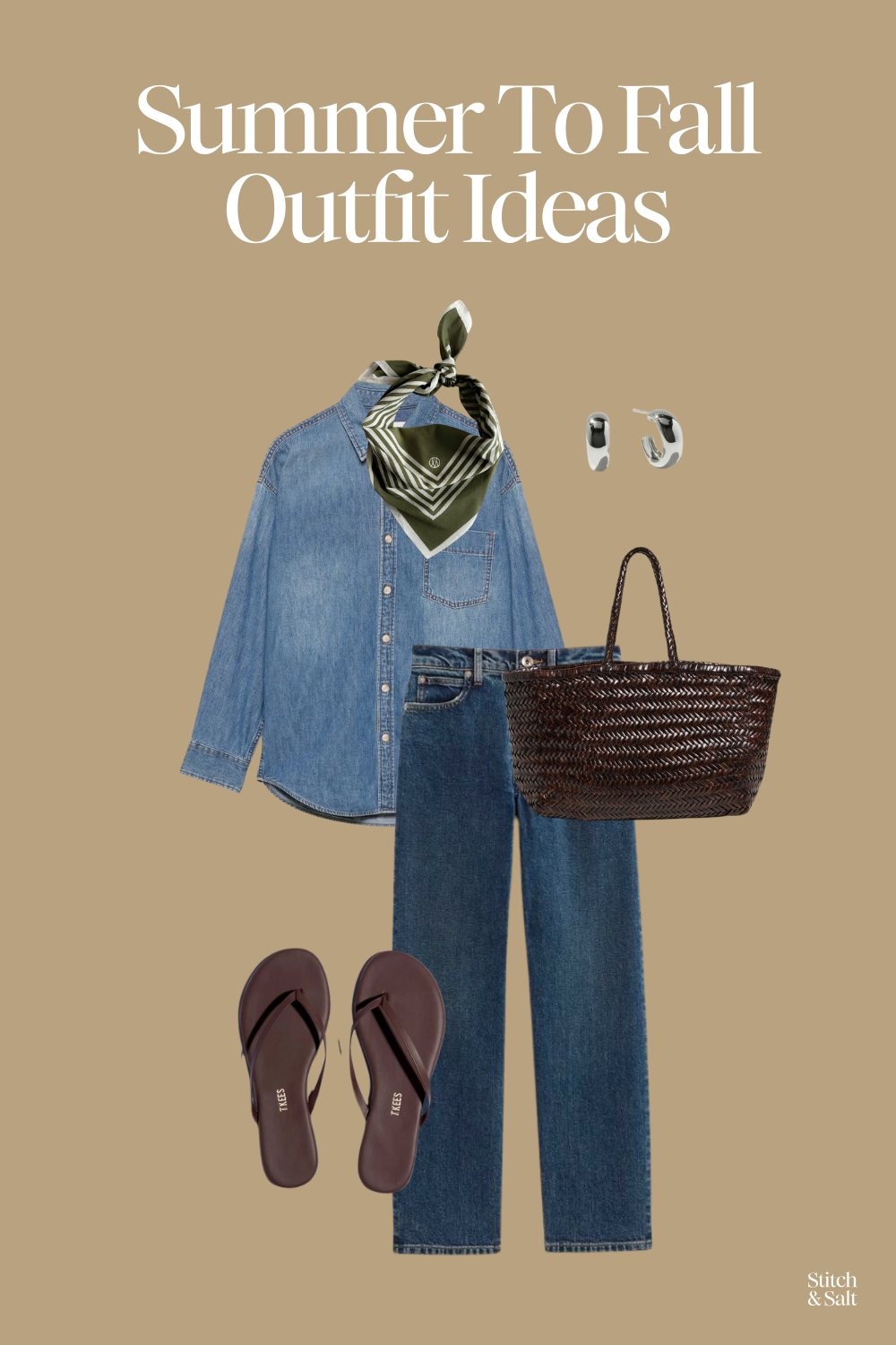 summer to fall outfit idea with a denim button down shirt, medium wash straight leg jeans, brown leather flip flops, a green and white neck scarf, and a brow woven tote bag