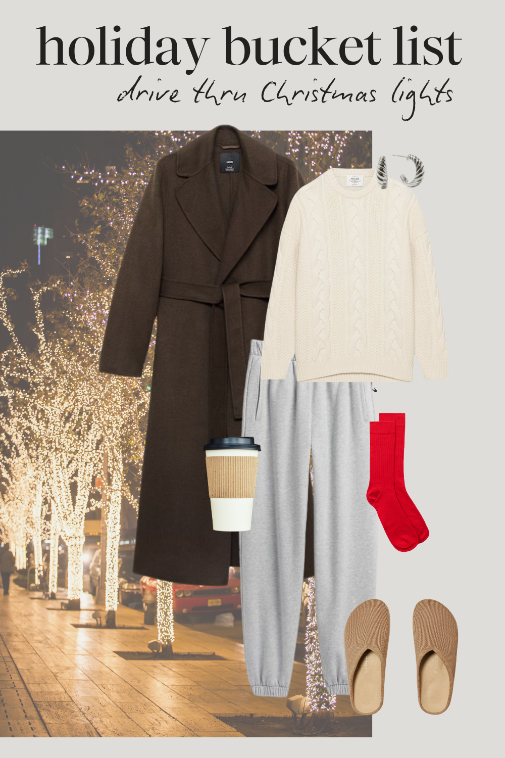 holiday outfit with a cream cable knit sweater, longline green wool coat, gray sweatpants, tan clogs, and red socks