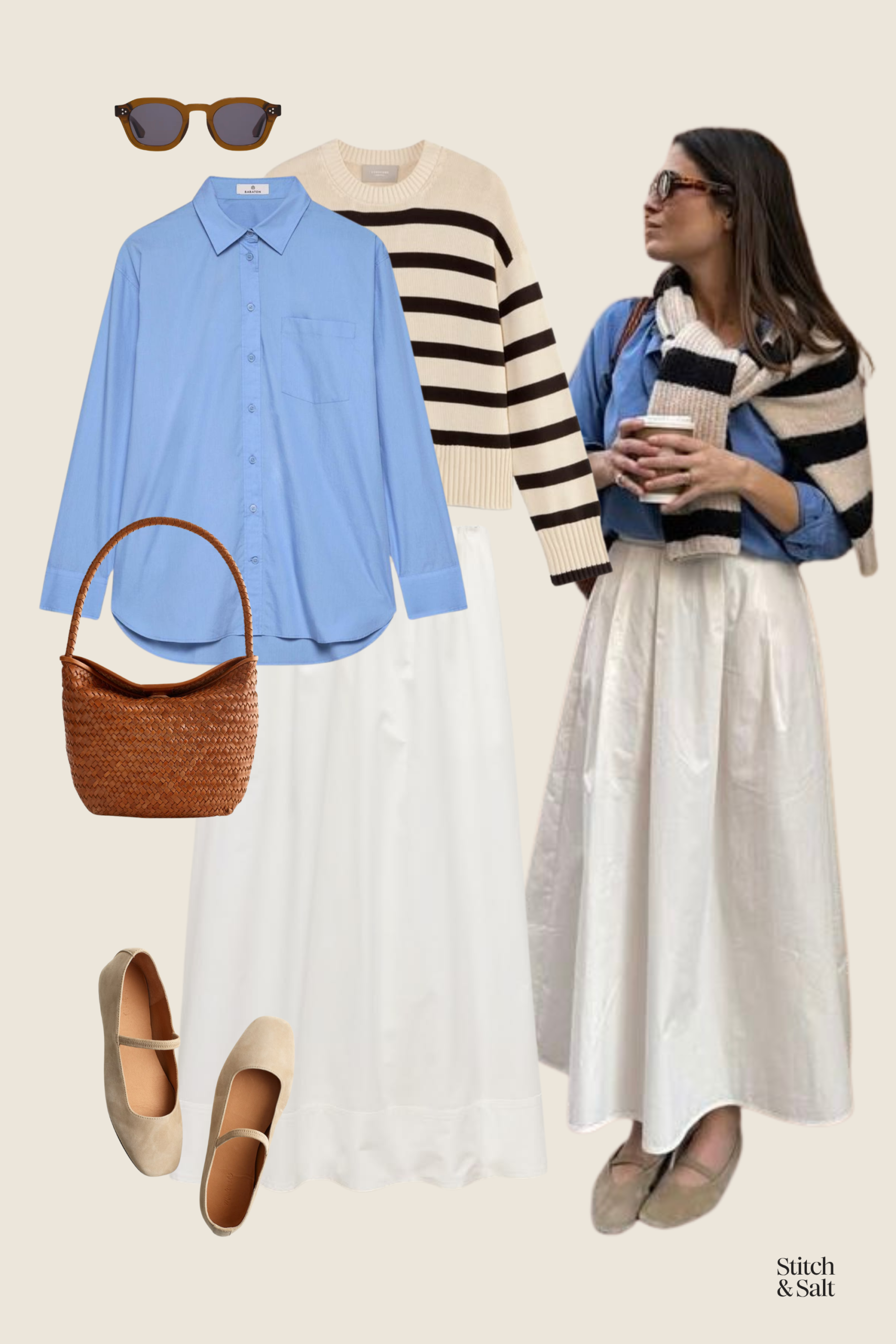 early spring outfit with a blue button down, black and beige striped sweater over the shoulders, white cotton maxi skirt, tan Mary Jane ballet flats, and a cognac woven leather shoulder bag