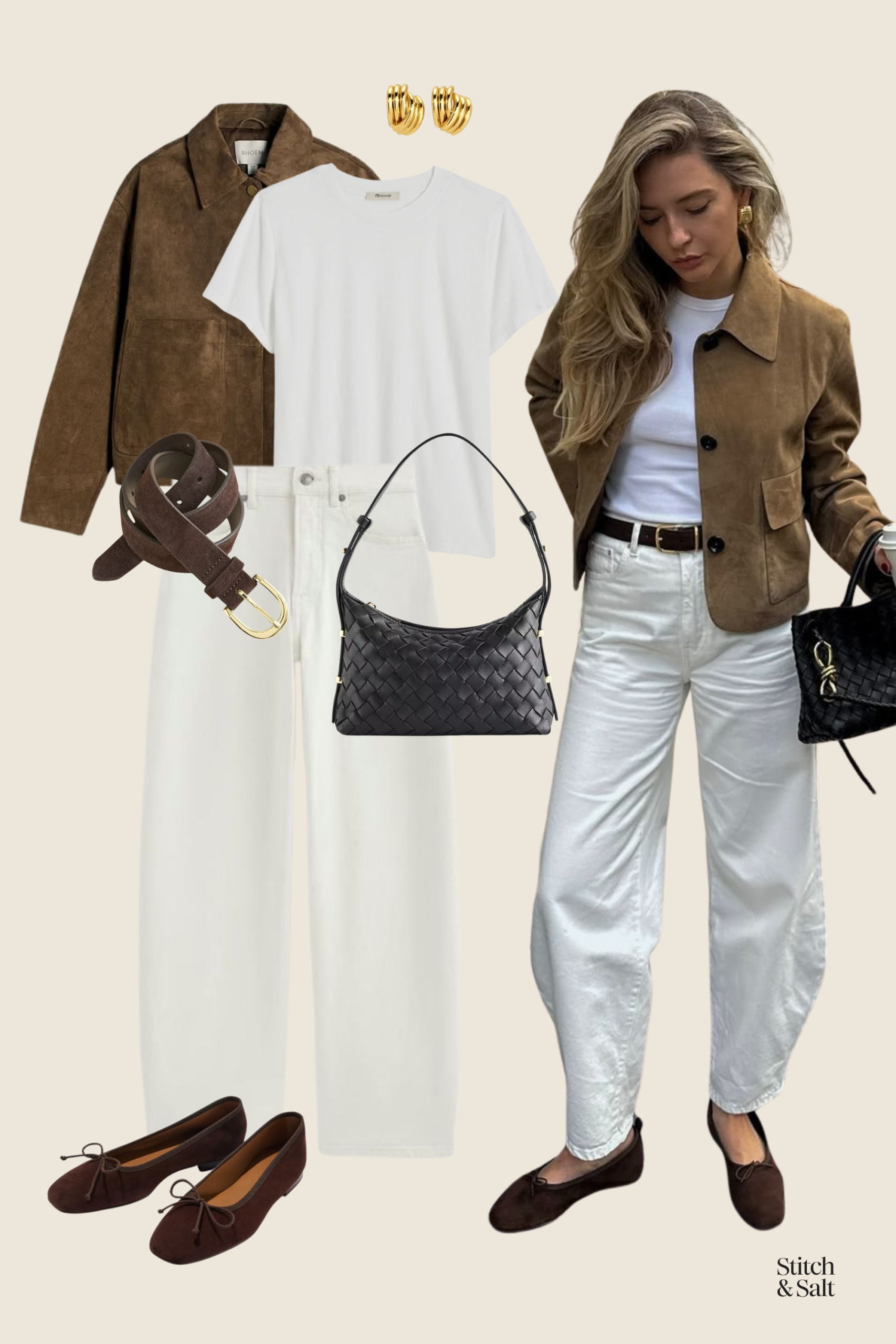 winter to spring outfit idea with a white tee, suede jacket, white barrel leg jeans, and brown suede ballet flats