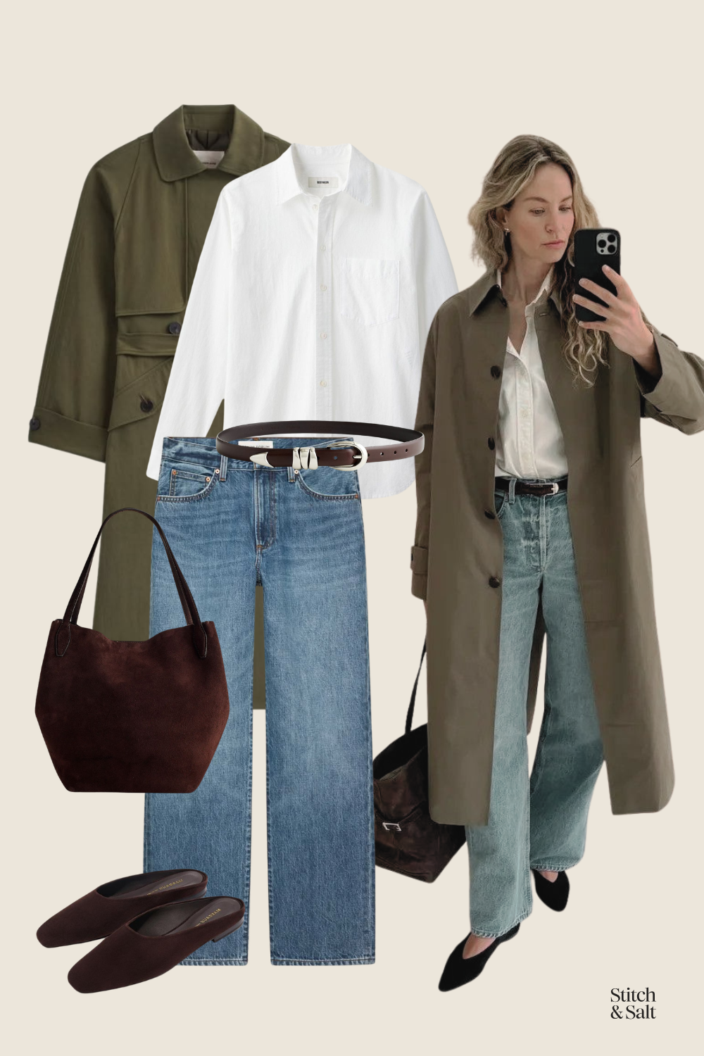 spring outfit with a white button down, green trench coat, light wash straight leg jeans, and brown suede ballet flats