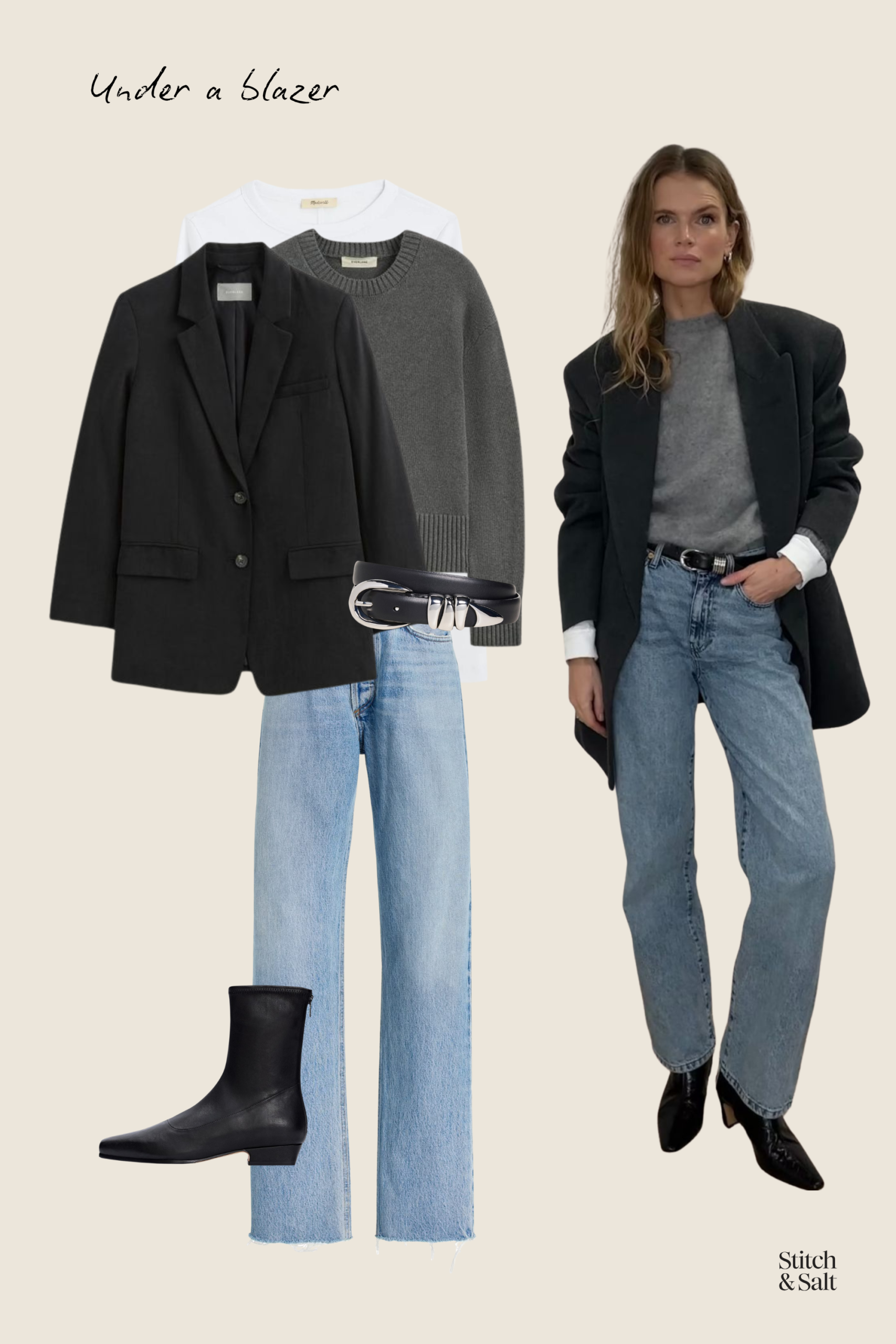 spring outfit idea with a gray sweater, black blazer, light wash jeans, and black boots