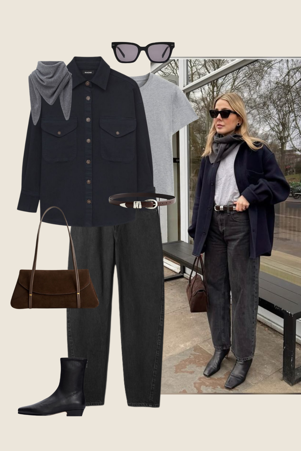 chic winter outfit idea with a gray tee, navy shirt jacket, washed black barrel jeans, and black boots