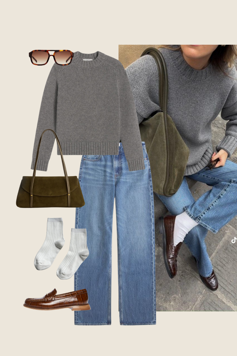 winter outfit idea with a gray sweater, jeans, and loafers