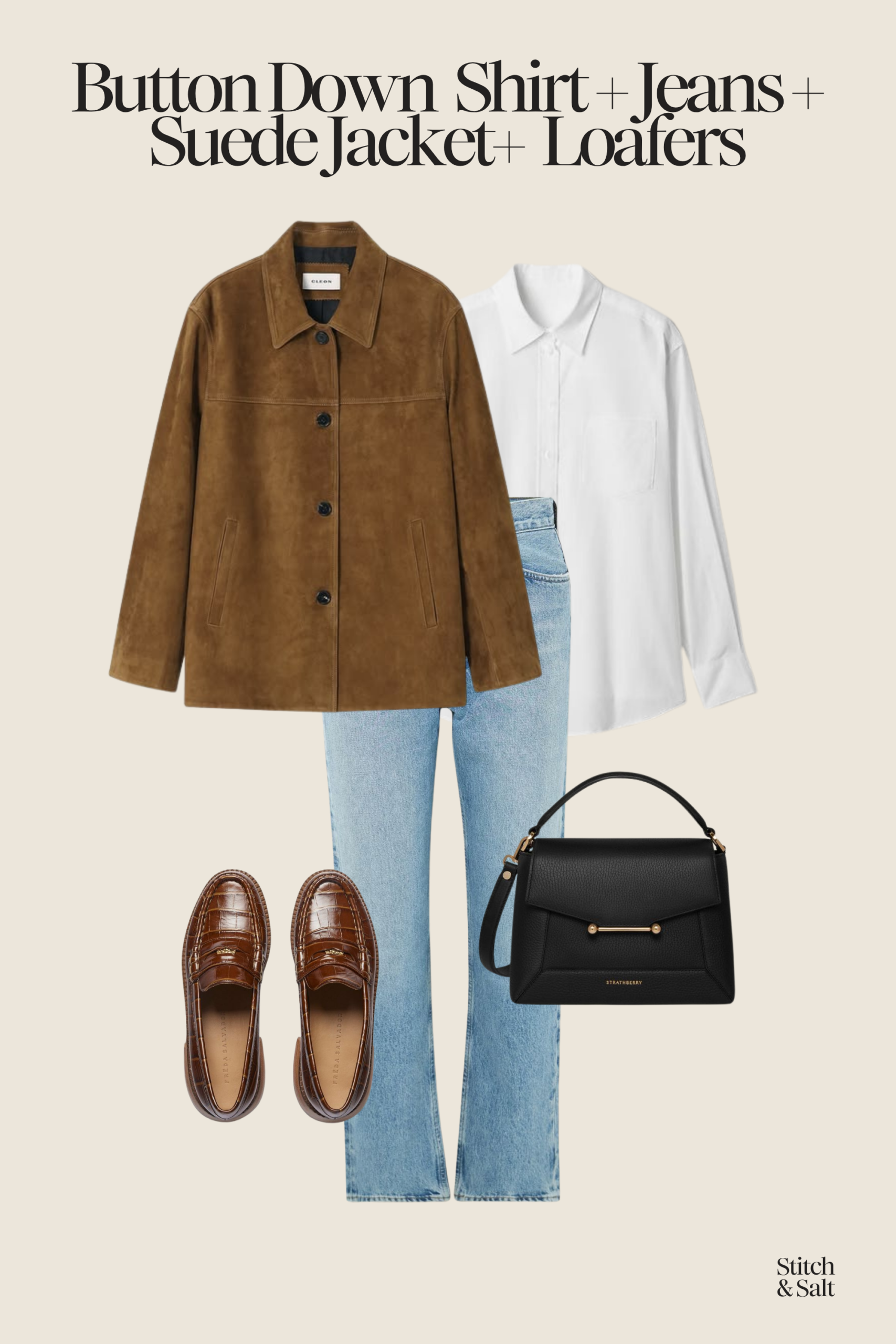 early spring outfit with a button down shirt, suede jacket, light wash jeans, and brown loafers