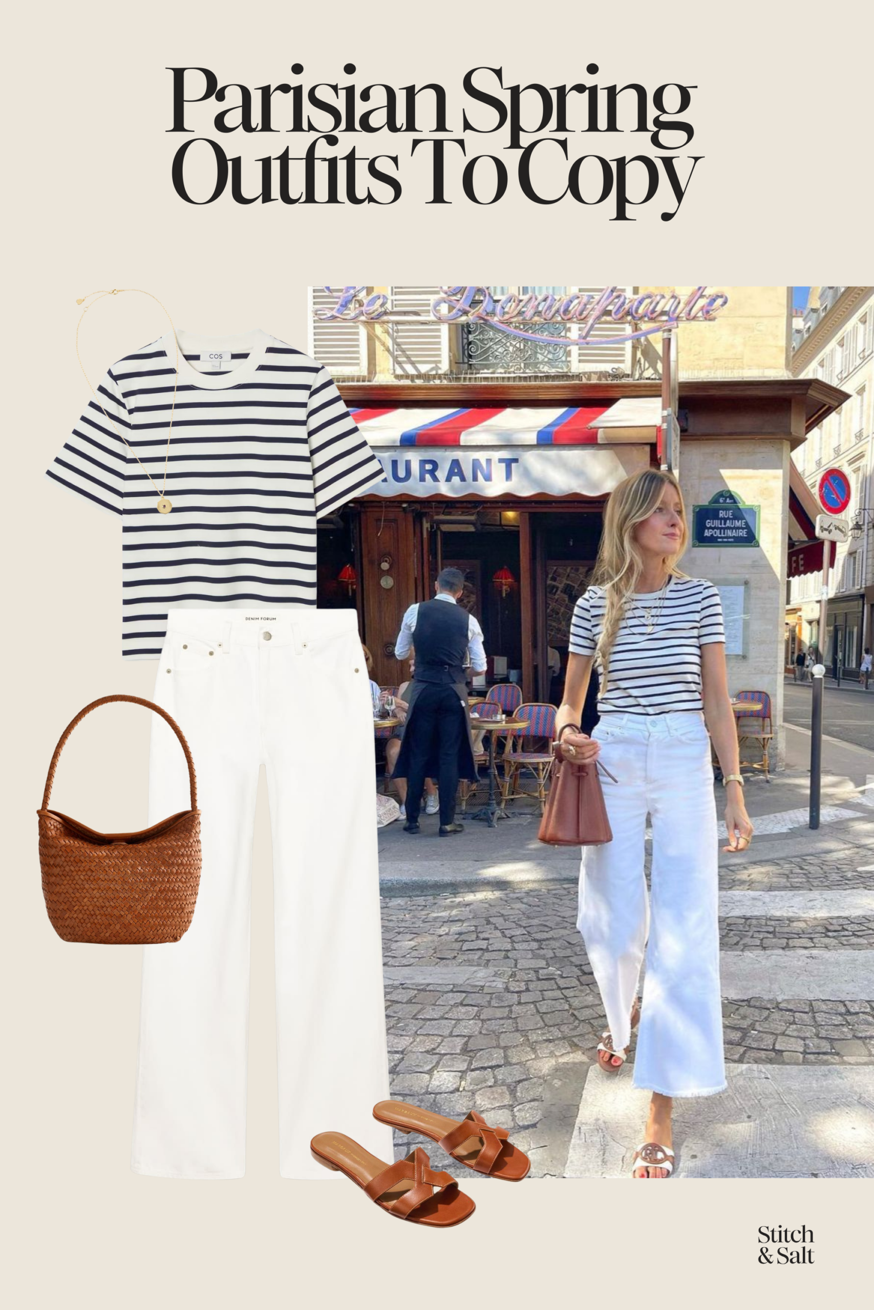 spring parisian outfit a striped tee, white wide leg jeans, and brown sandals