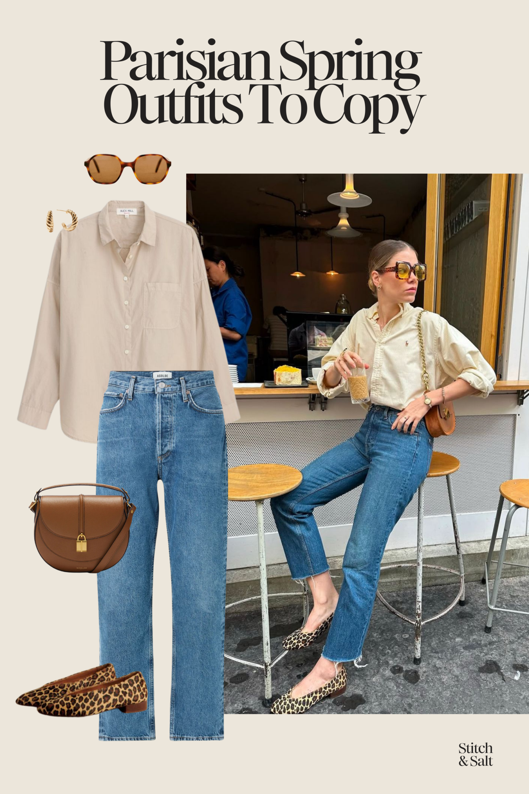 French girl spring outfit with a beige button up shirt, medium wash jeans, and leopard print ballet flats